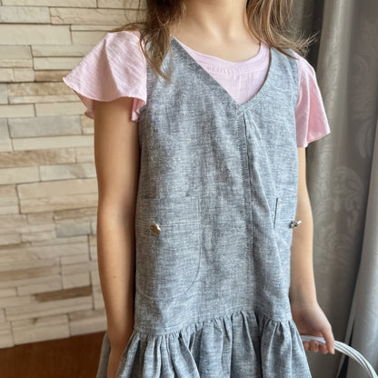 Eros Ruffle Overall Dress in Yarn Dyed Hemp + Organic Cotton Chambray | RTS