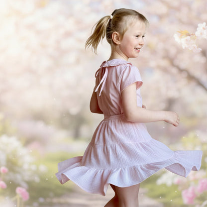 Young girl in a pink dress standing against a stone wall.