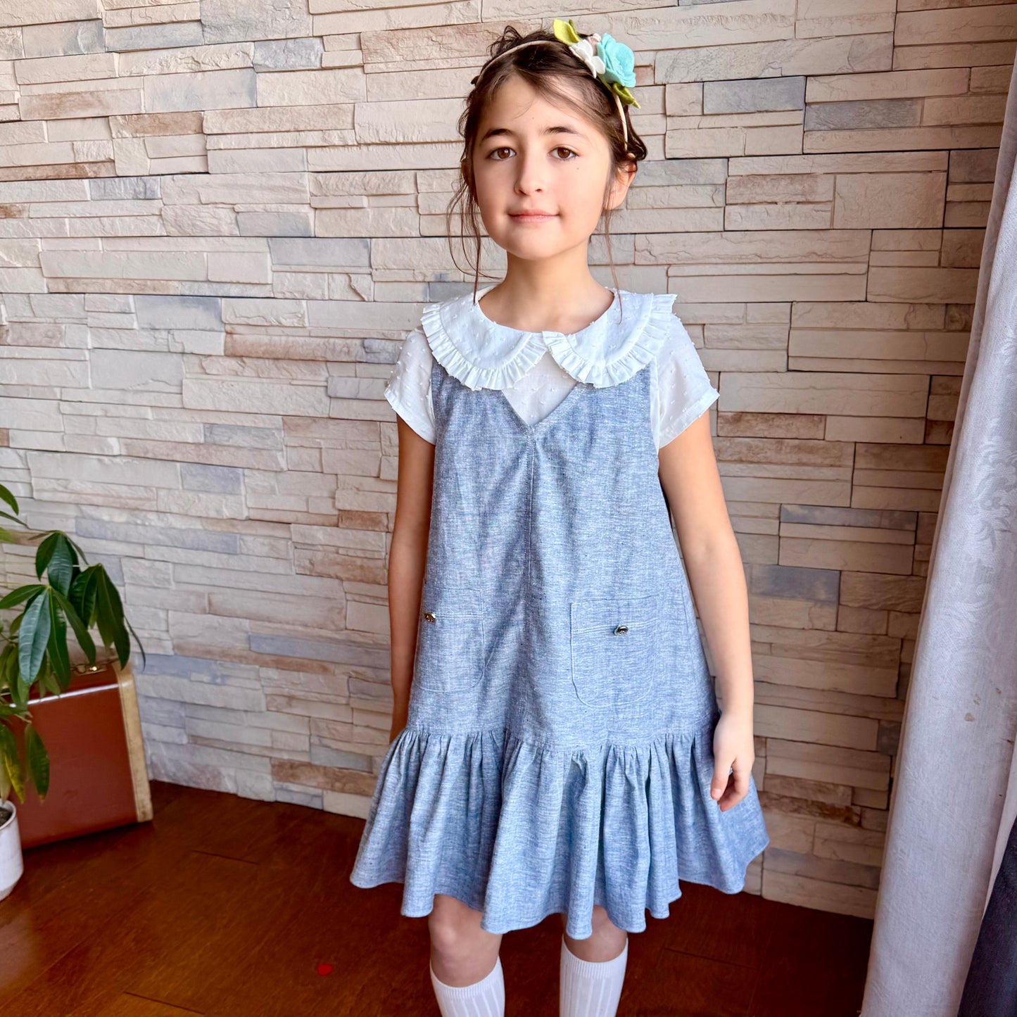 Eros Ruffle Overall Dress in Yarn Dyed Hemp + Organic Cotton Chambray | RTS
