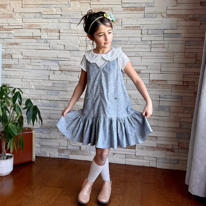 Eros Ruffle Overall Dress in Yarn Dyed Hemp + Organic Cotton Chambray | RTS
