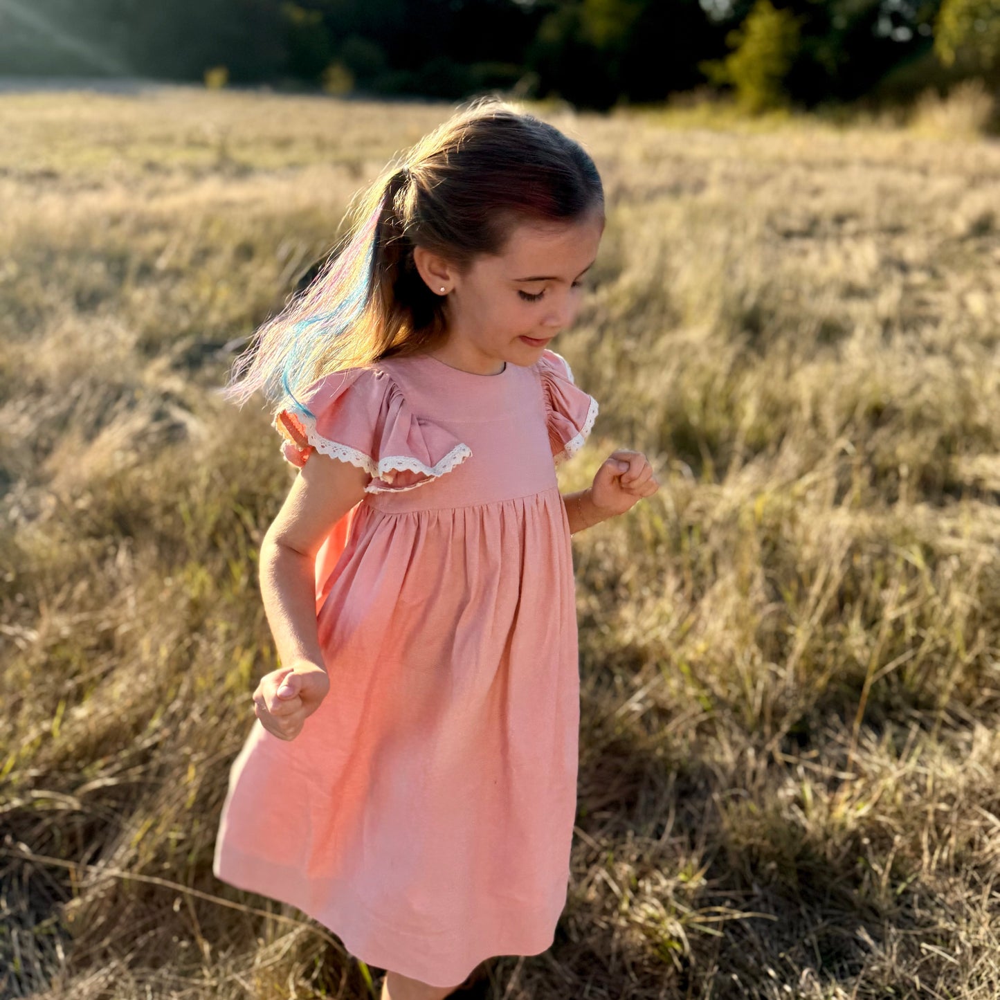 Joy, Linen and Lace Flutter Dress in Peach or Soft Blue | Echoes of Autumn | RTS