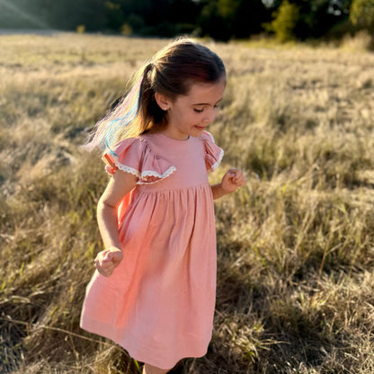 Joy, Linen and Lace Flutter Dress in Peach or Soft Blue | Echoes of Autumn | RTS