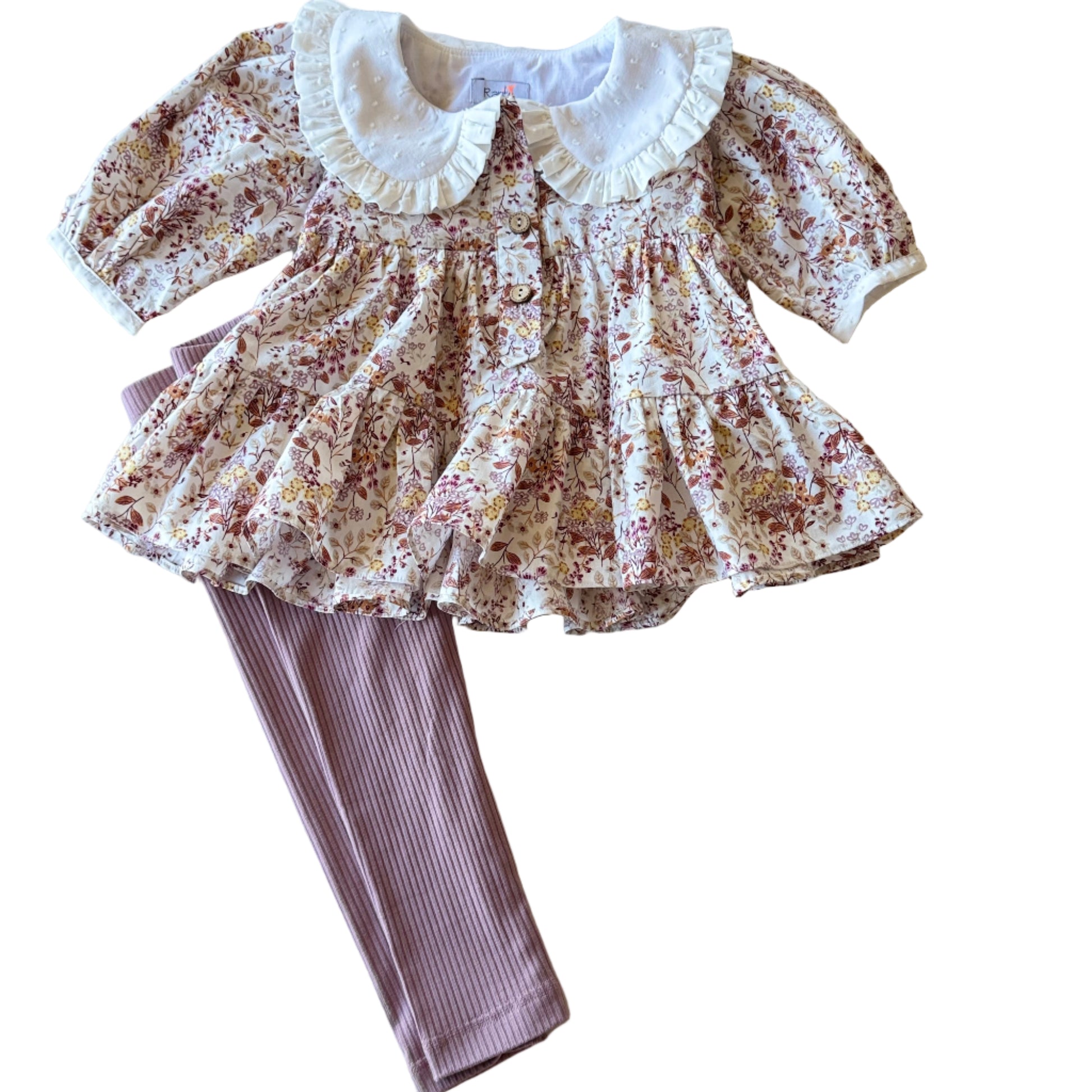 floral dress, ruffle collar button down front and leggings