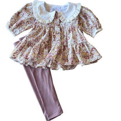 floral dress, ruffle collar button down front and leggings