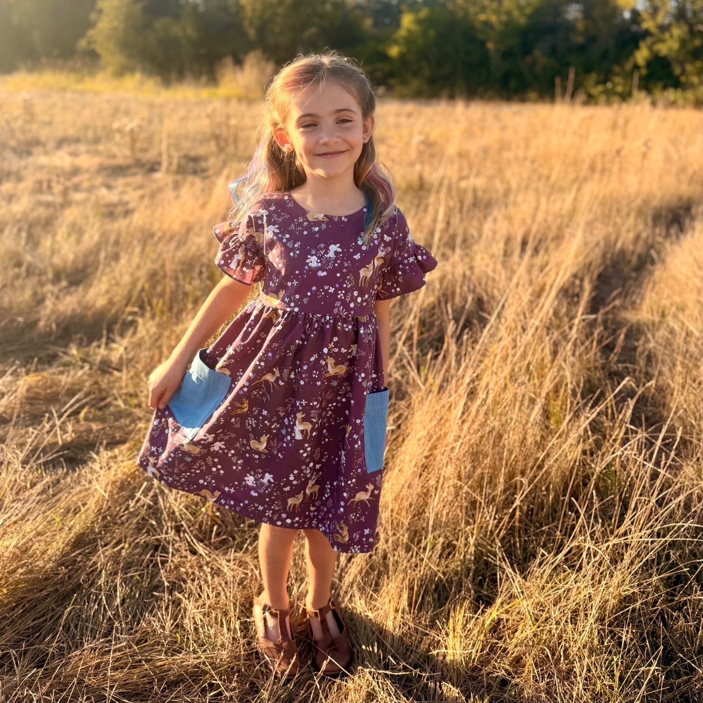 Ruffle Rowan Dress in Royal Deer Print | Echoes of Autumn | MTO