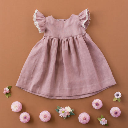 Joy, Linen and Lace Flutter Dress in Mauve | Echoes of Autumn | MTO
