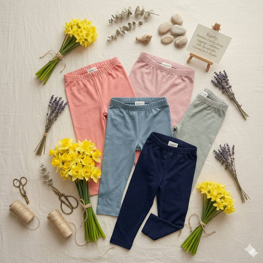Four pairs of children's leggings in pink, blue, and gray with yellow flowers and decorative elements on a light background.