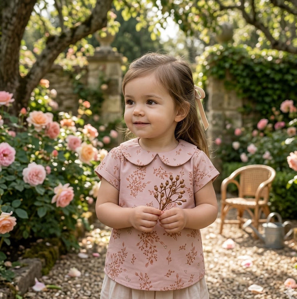 Young girl in a pink floral dress standing in a garden with flowers and a chair in the background.