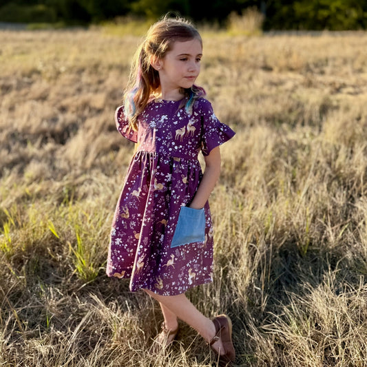 Ruffle Rowan Dress in Royal Deer Print | Echoes of Autumn | MTO