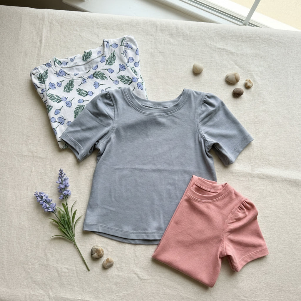 Blue shirt and pink shorts on a light surface with flowers and rocks.