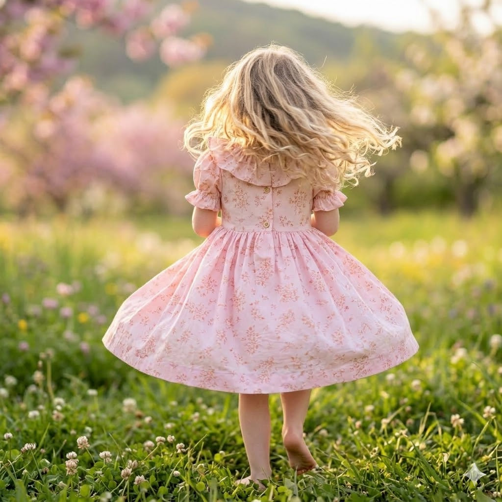 Child in a pink dress standing in a field with blooming trees