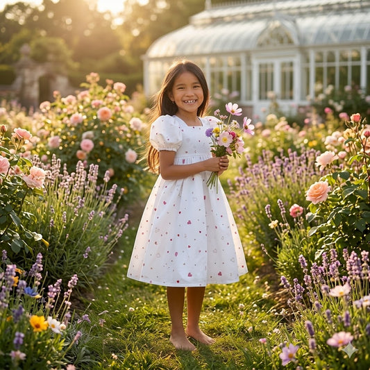 Young girl in a white dress holding flowers in a garden with a greenhouse in the background