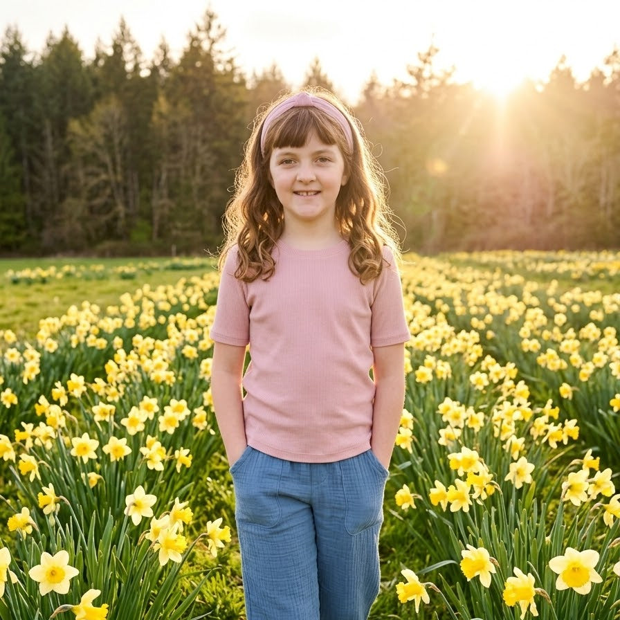 Young girl standing in a field of yellow flowers with a forest in the background