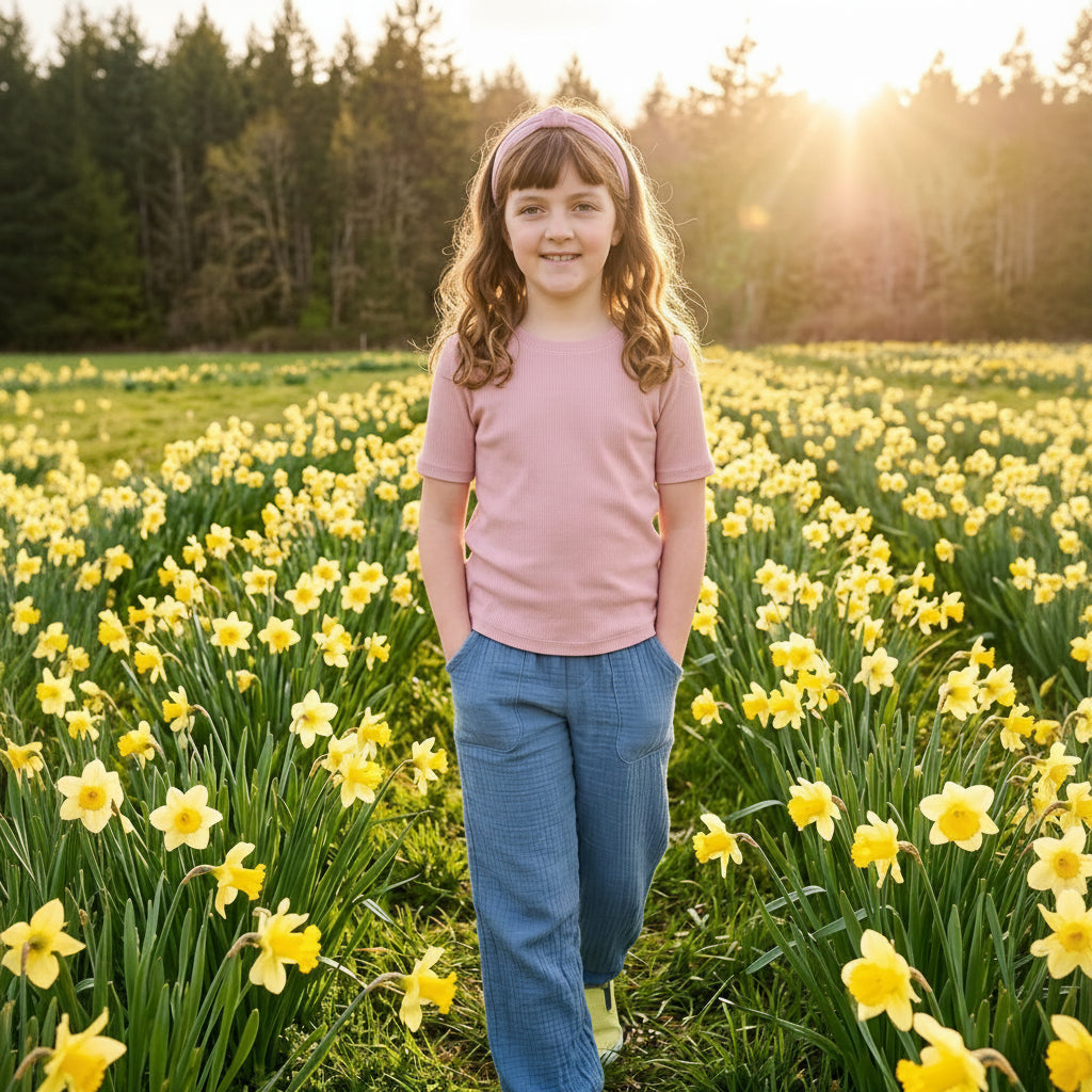 Young girl standing in a field of yellow flowers with a forest in the background