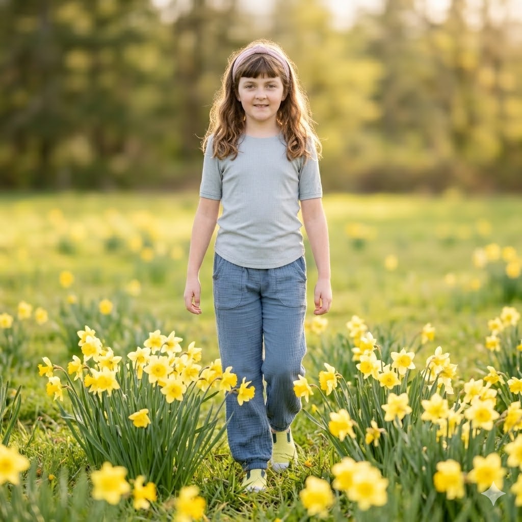Young girl standing in a field of yellow flowers with a blurred natural background