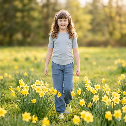 Young girl standing in a field of yellow flowers with a blurred natural background