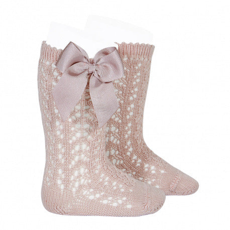 Cotton Openwork Knee High Socks with Bow, in Antik Pink 544