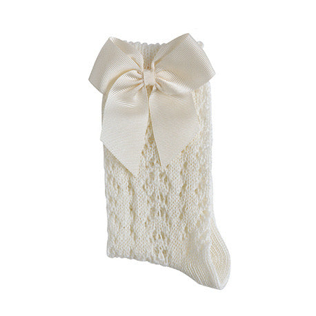 Cotton Openwork Knee High Socks with Bow, in Cream 303