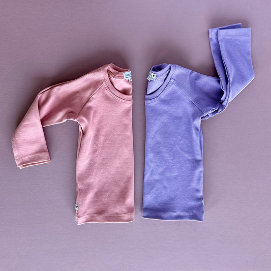 Essential Long Sleeve Raglan T-shirt, Rose and Mauve Recycled Cotton Rib